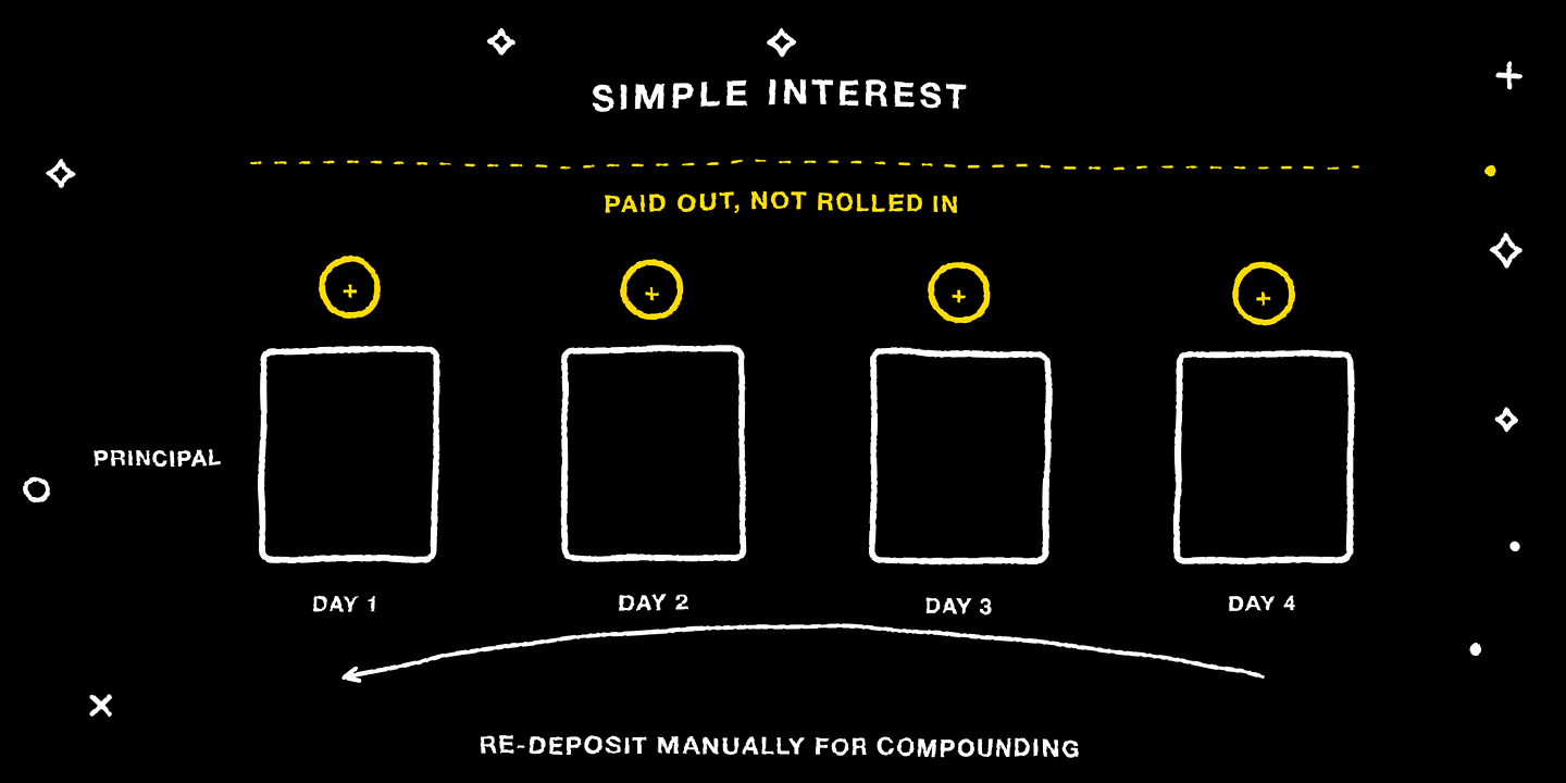 T+1 simple interest: interest is paid out, not rolled into the principal