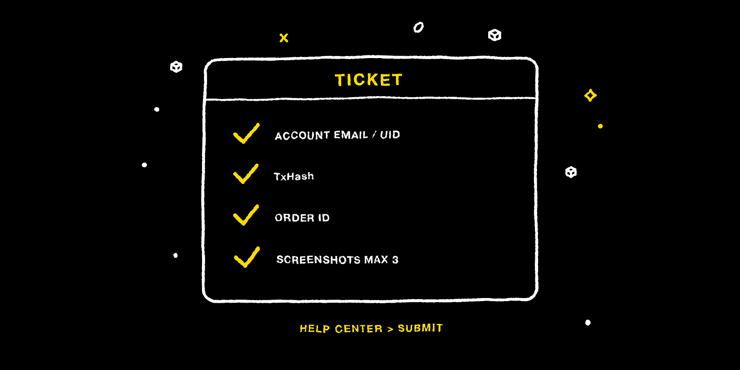 What to attach to a ticket: account email or UID, TxHash, order ID and up to three screenshots